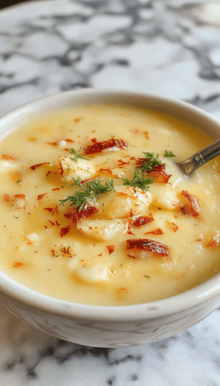 A steaming bowl of Polish potato soup garnished with fresh herbs, served in a rustic white bowl on a wooden table, with a spoon resting beside it. The soup has a smooth, creamy texture with visible chunks of potatoes, carrots, and green herbs, set against a cozy, homestyle kitchen background.