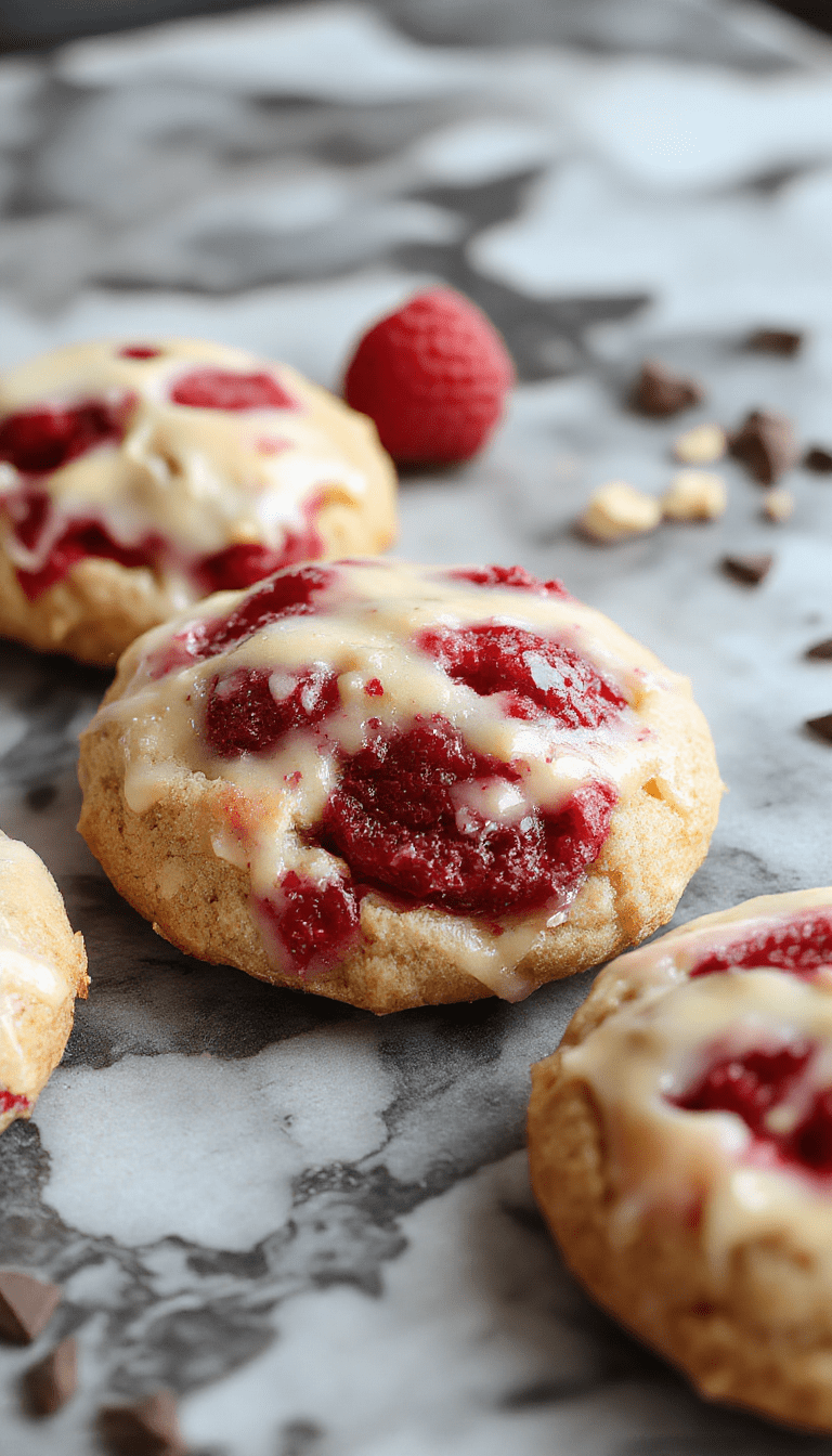 Colorful plate of raspberry crumble cookies with a golden brown crumb topping, vibrant red raspberry pieces inside, artfully arranged with fresh berries and mint leaves, styled with a rustic wooden background and soft natural lighting.