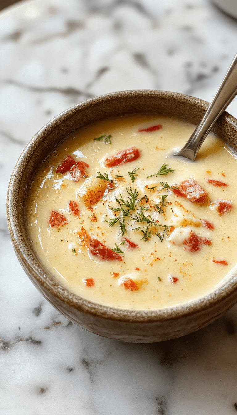 A bowl of creamy Reuben soup garnished with fresh herbs, showcasing tender corned beef, sauerkraut, melted cheese, and slices of rye bread on a rustic wooden table with a rich, creamy texture and vibrant colors.