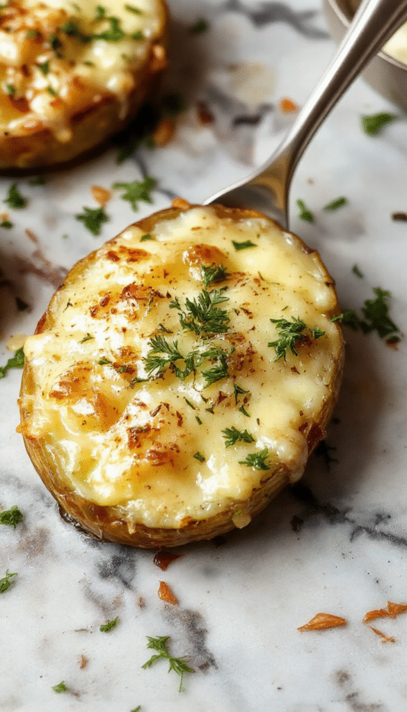 A close-up of a golden-brown roasted garlic potatoes au gratin in a rustic ceramic baking dish, topped with melted cheesy crust and sprinkled with chopped fresh herbs. The potatoes are sliced thin and layered with garlic and cream, with crispy edges visible. The dish is styled on a wooden table with a sprig of thyme for garnish, showing a creamy, cheesy texture with a hint of caramelized garlic.