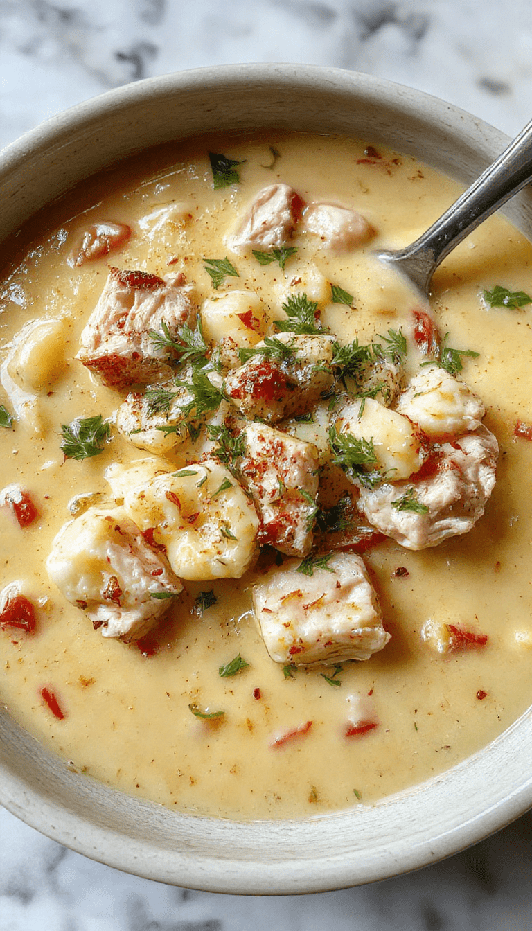 A steaming bowl of creamy rotisserie chicken gnocchi soup with tender gnocchi, shredded rotisserie chicken, and fresh herbs garnished on top, served in a rustic white bowl with a spoon on a wooden table, glowing cozy lighting emphasizing the rich textures and vibrant ingredients.