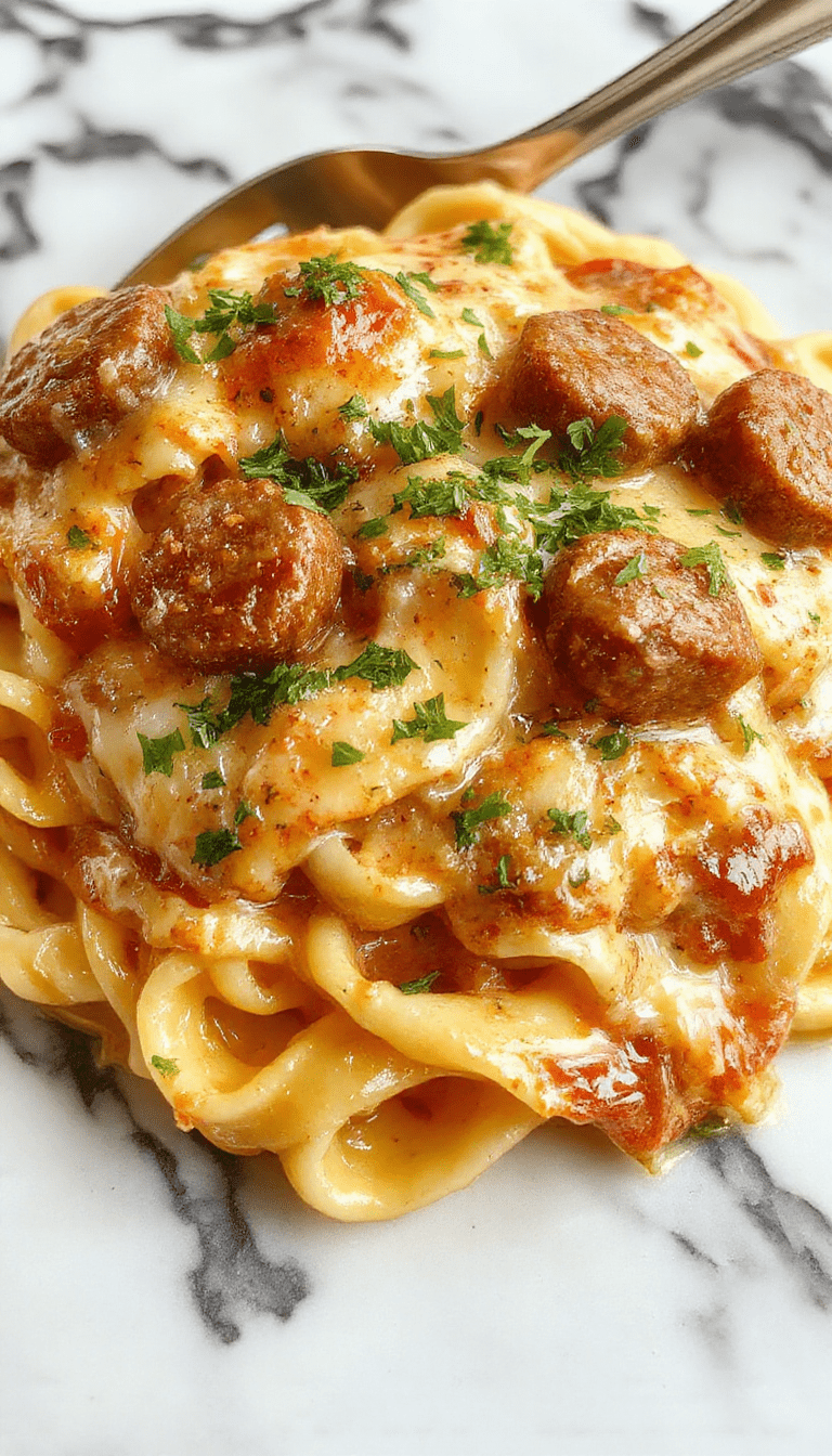 A vibrant plate of creamy sausage rigatoni with golden-brown sausage slices coated in a smooth, creamy sauce, garnished with fresh herbs and served on a rustic white plate with basil leaves and grated cheese, styled with a backdrop of wooden table and sunlight highlighting textures.