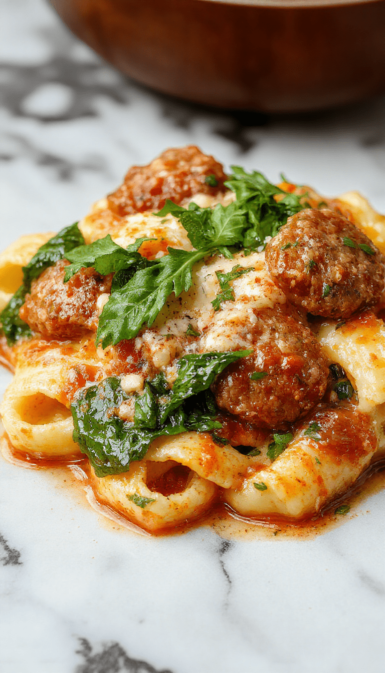 A close-up of a plated creamy sausage rigatoni pasta dish garnished with fresh spinach leaves and chopped garlic, with a vibrant red tomato cream sauce drizzled over the golden rigatoni, styled on a rustic wooden table with a sprinkle of parmesan cheese and fresh herbs.