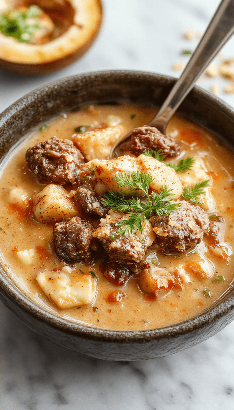 A vibrant bowl of beef coconut curry garnished with fresh herbs, showcasing tender beef chunks in a rich, golden coconut sauce with colorful vegetables, served on a rustic wooden table.