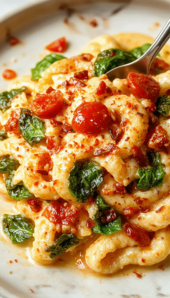 A vibrant plate of creamy spinach and tomato pasta featuring fresh green spinach leaves, bright red cherry tomatoes, and a generous drizzle of creamy sauce, all beautifully plated on a rustic wooden table with a sprinkle of grated cheese and basil garnish, highlighting the textures and colors of the fresh ingredients.