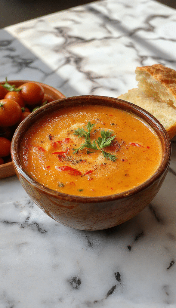 A bowl of vibrant red creamy tomato soup garnished with fresh basil leaves on a rustic wooden table, accompanied by a slice of crusty bread, steam rising, with a creamy swirl on top and a background of a cozy kitchen setting.