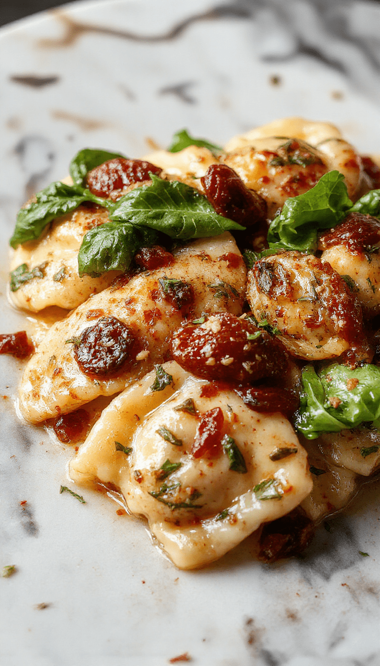 A close-up of a white bowl filled with creamy Tuscan ravioli, topped with fresh spinach, sun-dried tomatoes, and grated Parmesan cheese. The dish is vibrant with green, red, and golden hues, garnished with herbs, on a rustic wooden table with a drizzle of sauce, styled for an inviting and appetizing presentation.