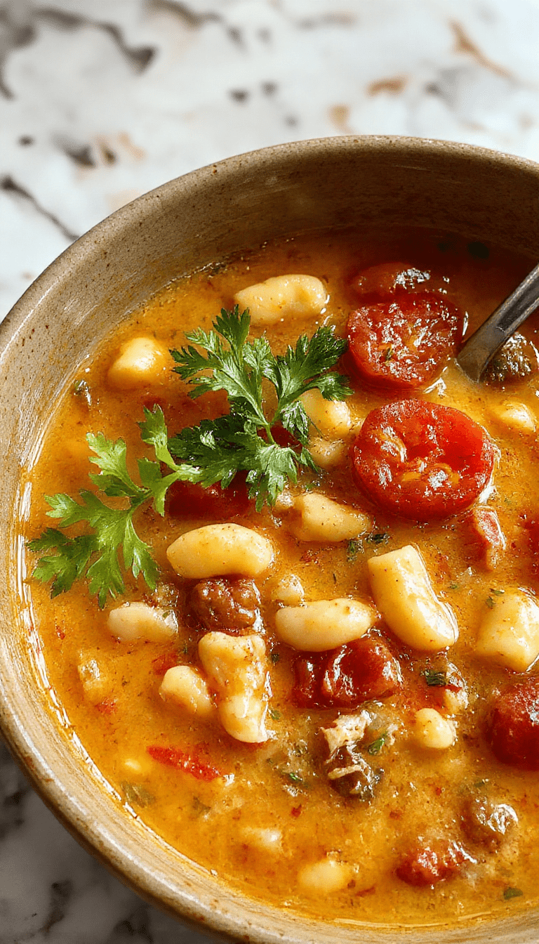 A vibrant bowl of creamy vegan tomato white bean stew featuring chunky white beans, rich tomato broth, garnished with fresh herbs, served in a rustic white bowl on a wooden table, with a side of crusty bread and fresh greens, colorful, textured, inviting.