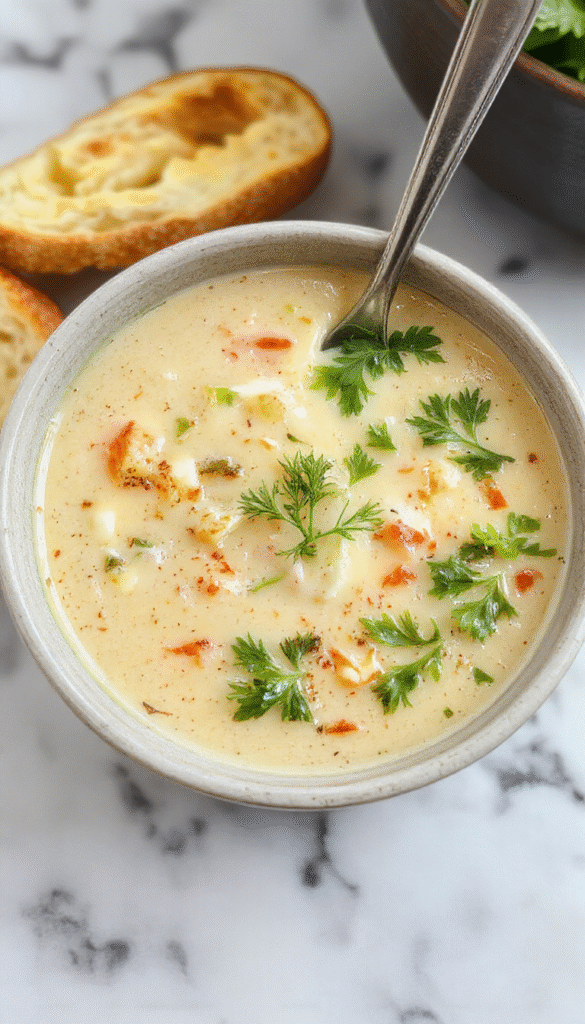 A vibrant bowl of creamy vegetable soup featuring an array of colorful vegetables like carrots, celery, and kale, garnished with herbs, served in a rustic white bowl with a spoon, on a wooden table with fresh ingredients scattered around, highlighting a warm, cozy, and wholesome atmosphere