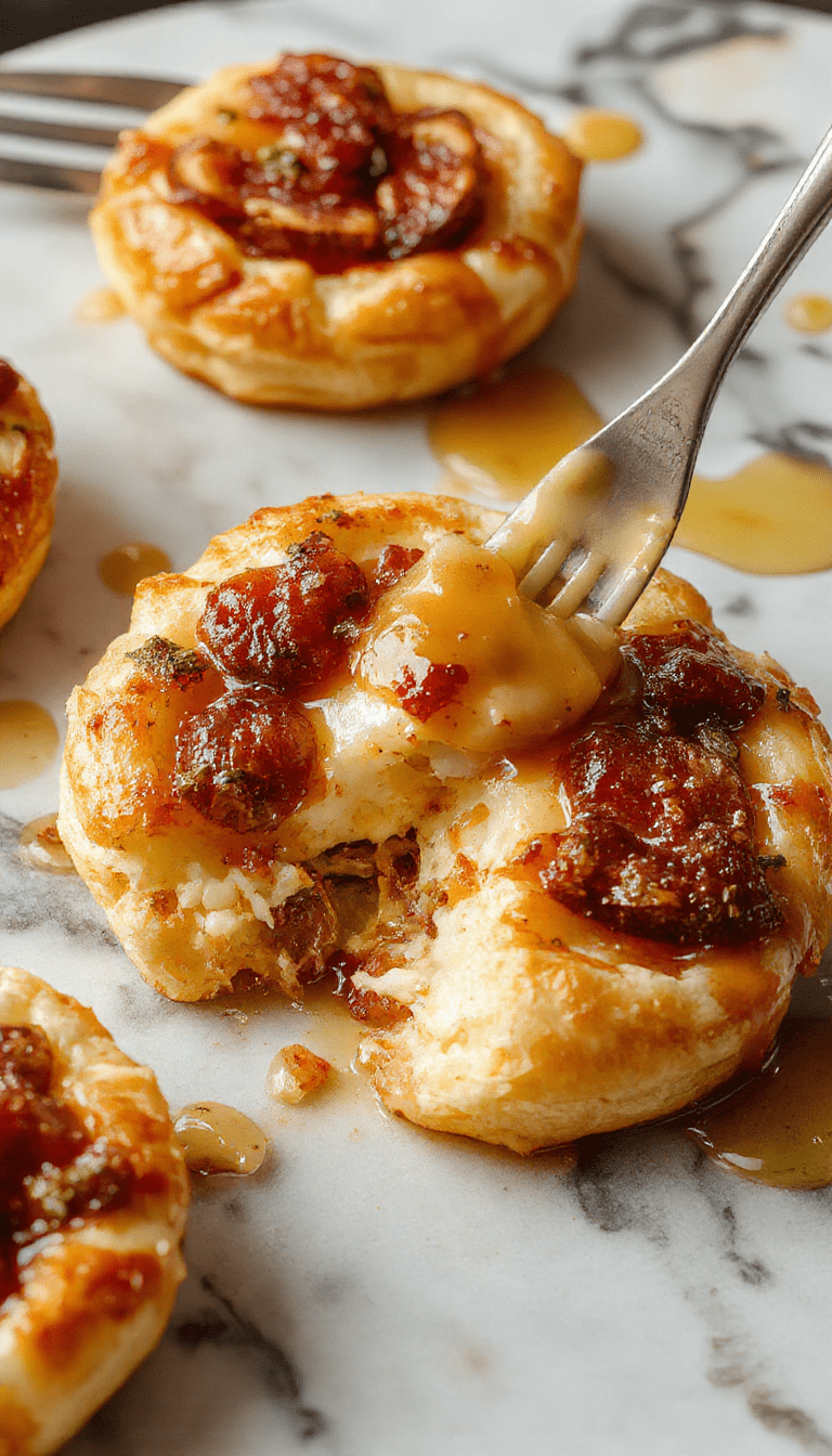 Golden-brown baked brie wrapped in flaky puff pastry, topped with drizzles of honey and slices of fresh fig, served on a rustic wooden board with a sprinkle of herbs, vibrant colors of honey and figs contrast with the crispy pastry surface, styled with a light scattering of powdered sugar and fresh thyme