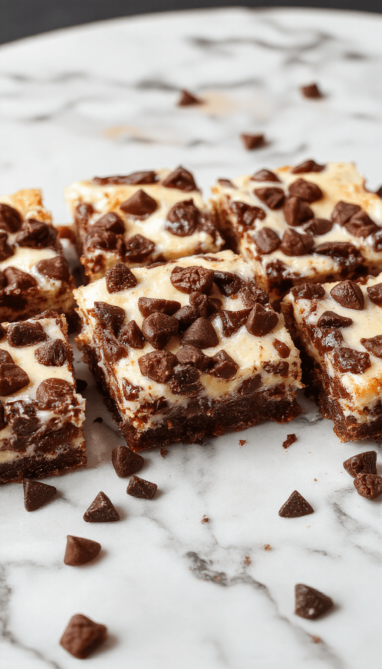 A close-up shot of creamy cheesecake bars topped with glossy melted chocolate chips and sprinkled with crushed graham crackers on a rustic wooden platter. The bars are sliced to reveal a smooth, dense interior with chocolate chunks visible throughout, styled with a light dusting of powdered sugar and fresh mint leaves for garnish.
