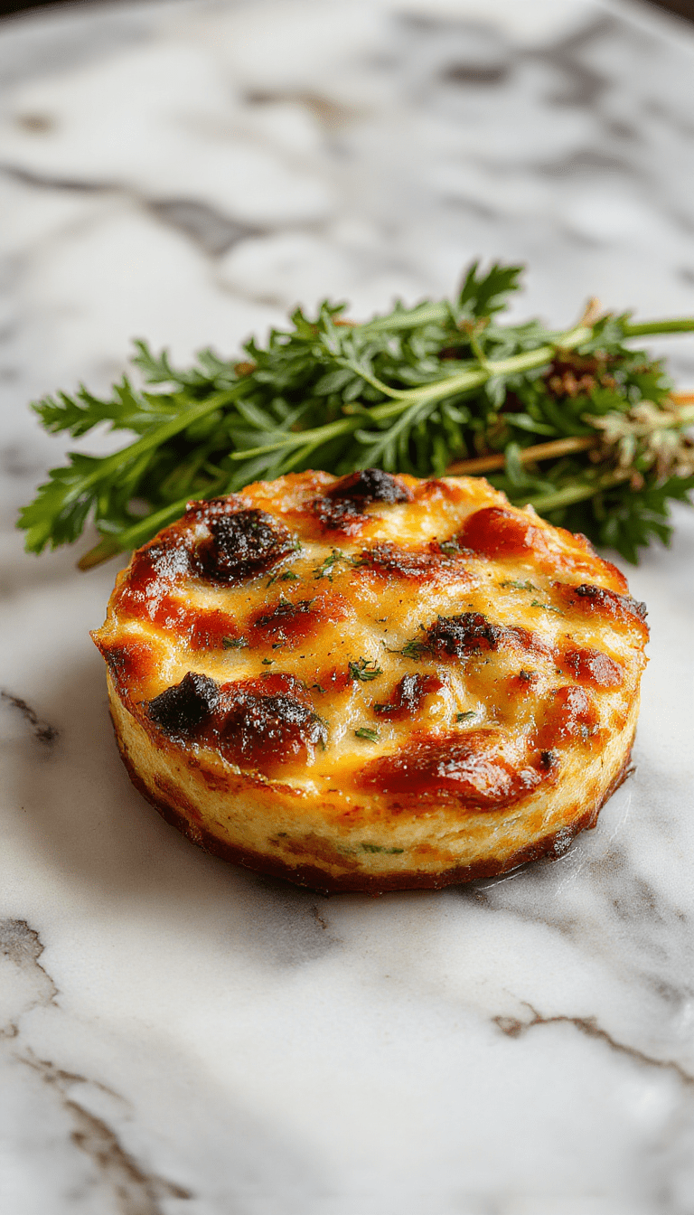 A golden-brown slice of breakfast quiche on a white plate, topped with fresh herbs, showcasing a crusty edge and a creamy, cheesy filling filled with vegetables and ham, styled with a fork and a small side salad on a rustic wooden table.