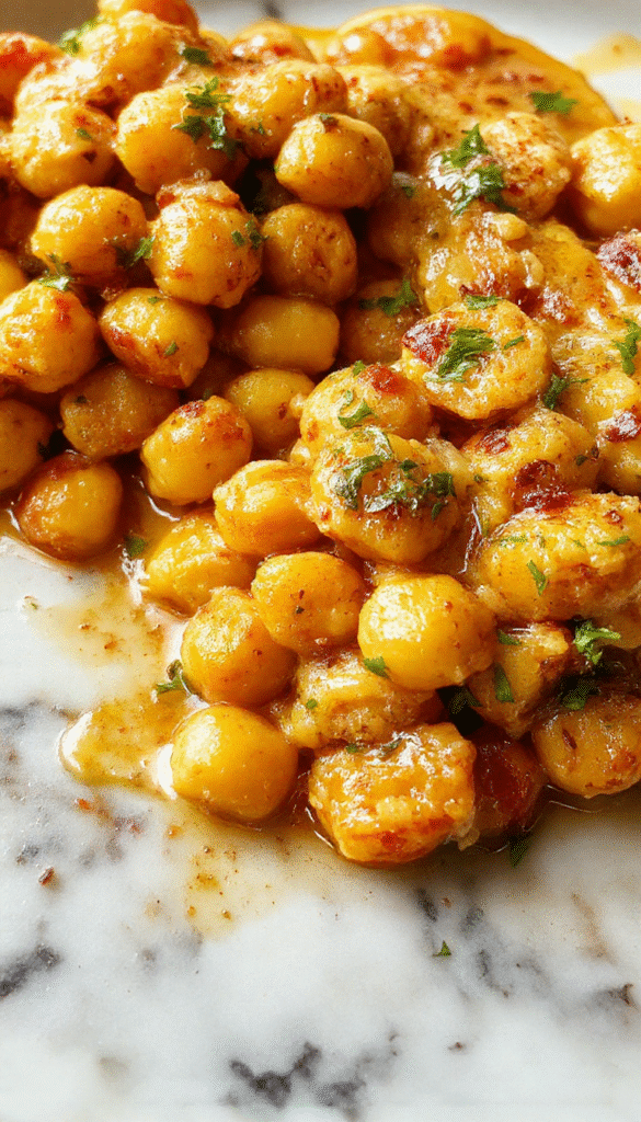 A vibrant bowl of Indian Butter Chickpeas featuring golden chickpeas coated in a rich, creamy tomato-based sauce. The dish is garnished with fresh cilantro and served in a rustic white bowl on a wooden table, with a side of naan bread. The textures are smooth and hearty, with a glossy finish, creating an appetizing and colorful presentation.