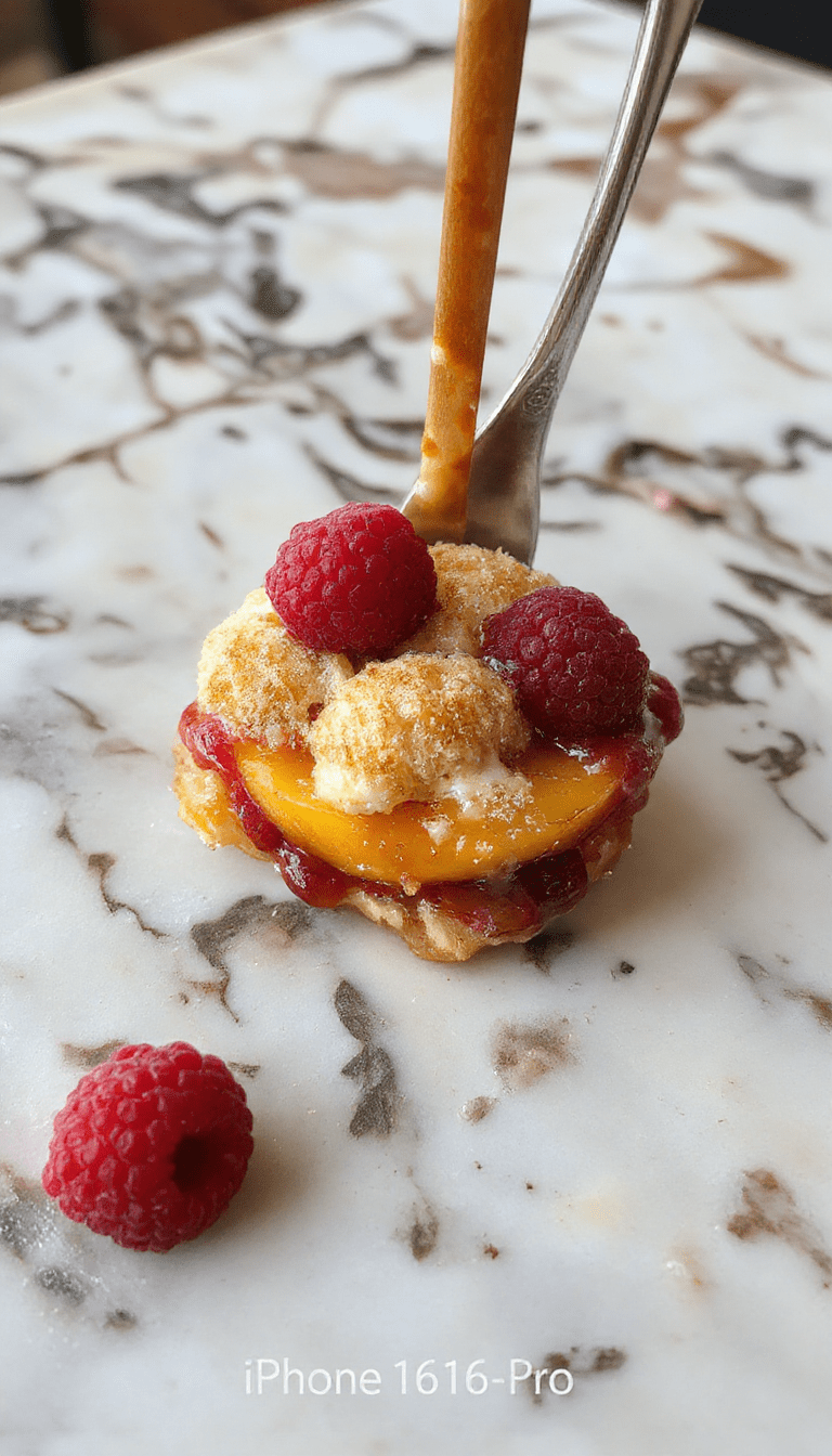 A vibrant and inviting peach and raspberry cobbler served in a rustic ceramic dish. The golden, flaky crust contrasts with the bright red raspberries and soft peach slices visible through the partially lifted crust. Fresh mint leaves garnish the top for a pop of green, and the cobbler is placed on a wooden table with a vintage spoon, evoking a warm, homemade dessert scene.