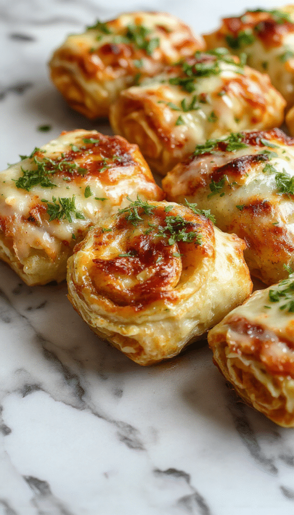 A close-up of golden-brown savory vegan pizza rolls arranged on a rustic wooden plate. The rolls are cut open, revealing a colorful filling of tomato sauce, vegan cheese, and chopped vegetables. The background features a vibrant green plant and a drizzle of herb oil, styled with fresh herbs and a sprinkle of sesame seeds for an inviting, appetizing look.