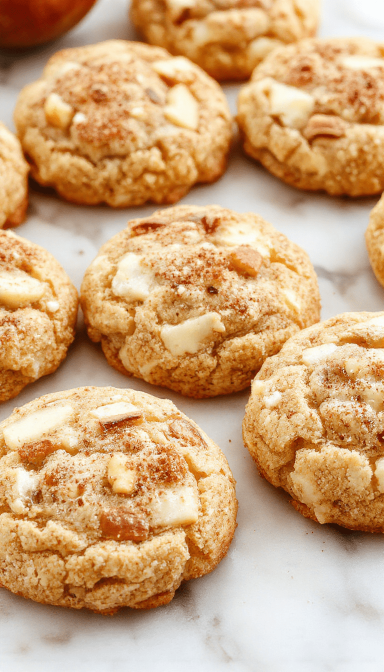 A close-up of golden-brown apple cinnamon snickerdoodle cookies arranged on a rustic wooden plate, garnished with cinnamon sugar and fresh apple slices, with a soft blurred background highlighting their textured, cracked tops and warm cinnamon aroma.