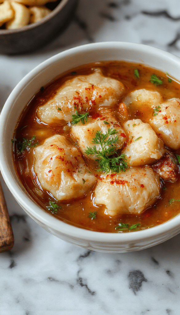 A steaming bowl of cozy potsticker soup featuring golden-brown potstickers floating in a rich, savory broth. The bowl is garnished with chopped green onions and sesame seeds, set on a rustic wooden table with a background of fresh ingredients and chopsticks.