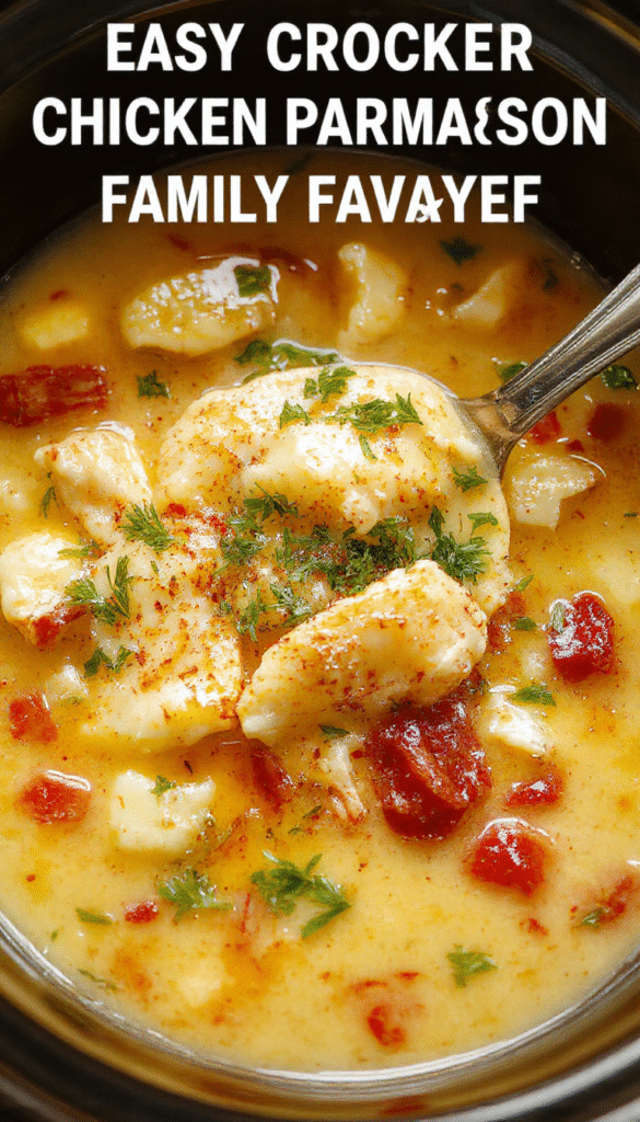 A hearty bowl of Chicken Parmesan Soup topped with melted cheese and fresh basil, surrounded by cooked chicken, spaghetti, and tomato sauce on a rustic wooden table with warm lighting.