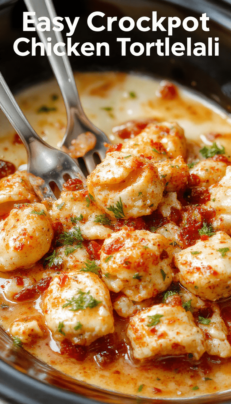 A vibrant plate of creamy chicken tortellini garnished with fresh herbs, served in a rustic bowl with a spoon, surrounded by colorful vegetables and a cozy kitchen backdrop.