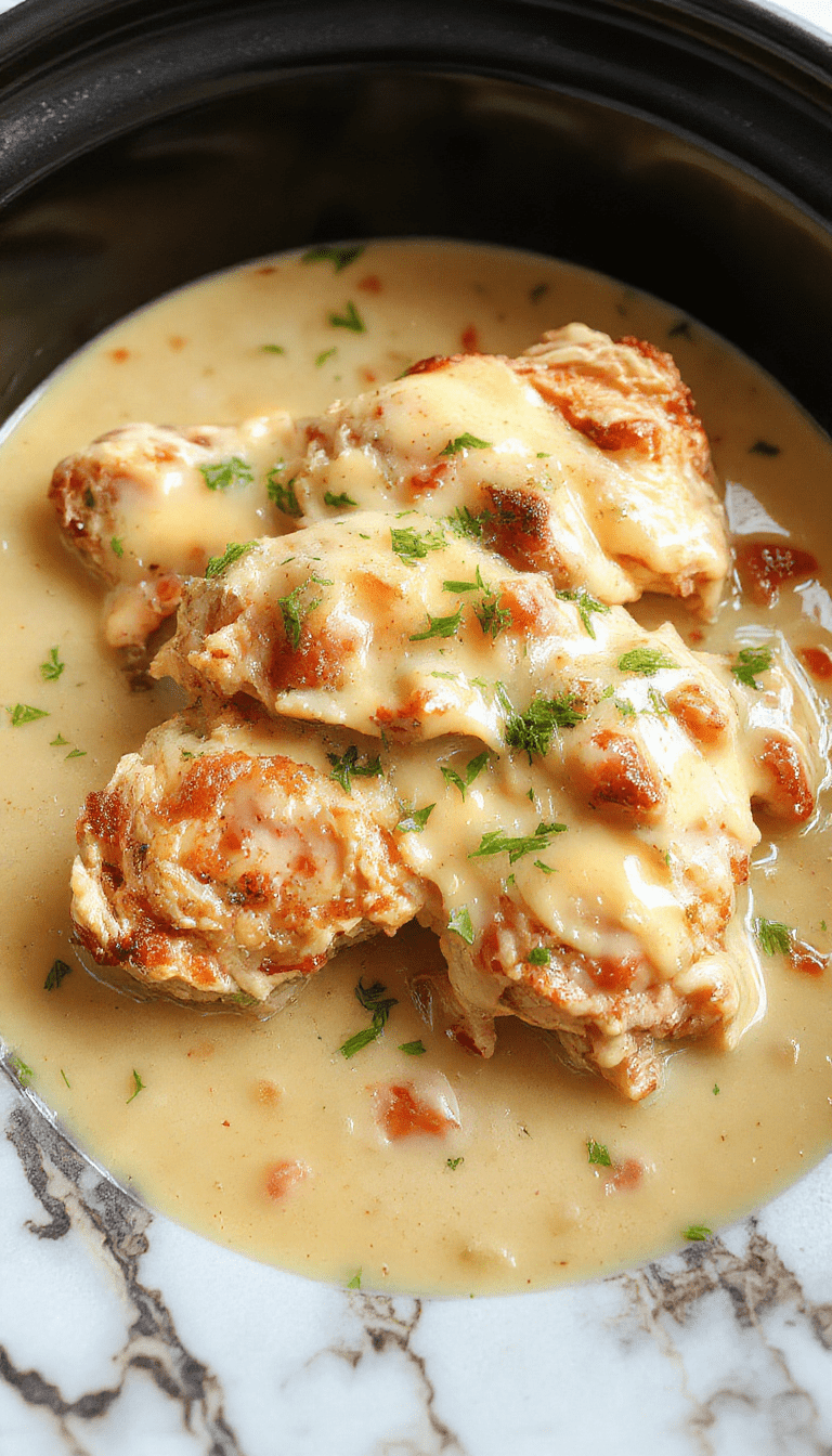 A rustic white bowl filled with tender shredded chicken covered in rich, creamy brown gravy, surrounded by sprigs of fresh herbs on a wooden table with a steaming hot, golden-brown crusted bread loaf nearby.