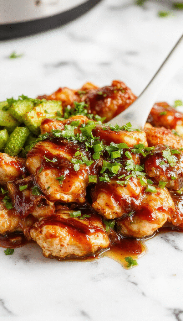 A glossy, caramelized teriyaki chicken breast served on a white plate, garnished with sesame seeds and chopped green onions, arranged alongside steamed rice and colorful stir-fried vegetables on a rustic wooden table.