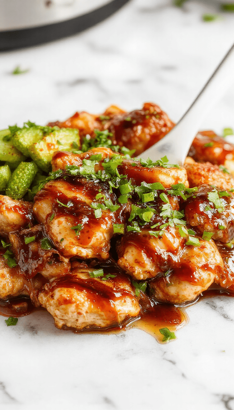 A glossy, caramelized teriyaki chicken breast served on a white plate, garnished with sesame seeds and chopped green onions, arranged alongside steamed rice and colorful stir-fried vegetables on a rustic wooden table.
