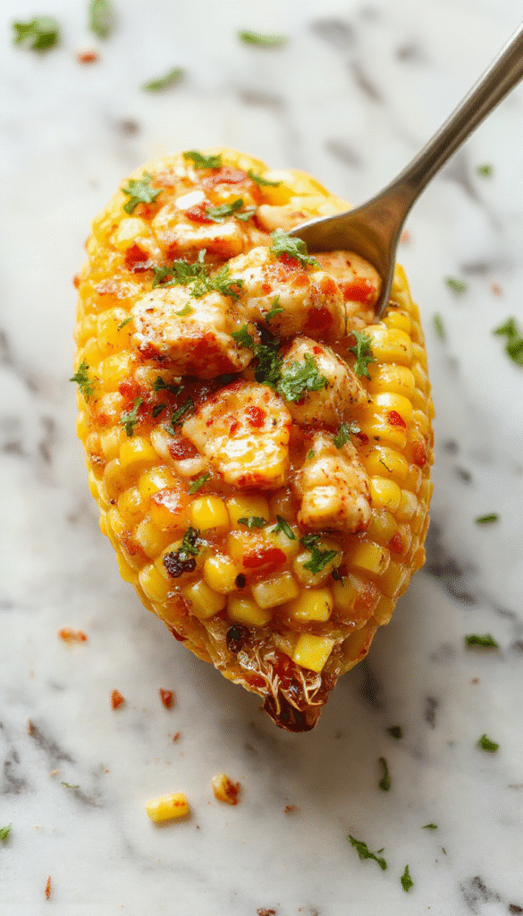 A vibrant bowl of white chicken chili topped with roasted corn, fresh cilantro, and a drizzle of sour cream, served with warm tortilla chips on a rustic wooden table with colorful accents.