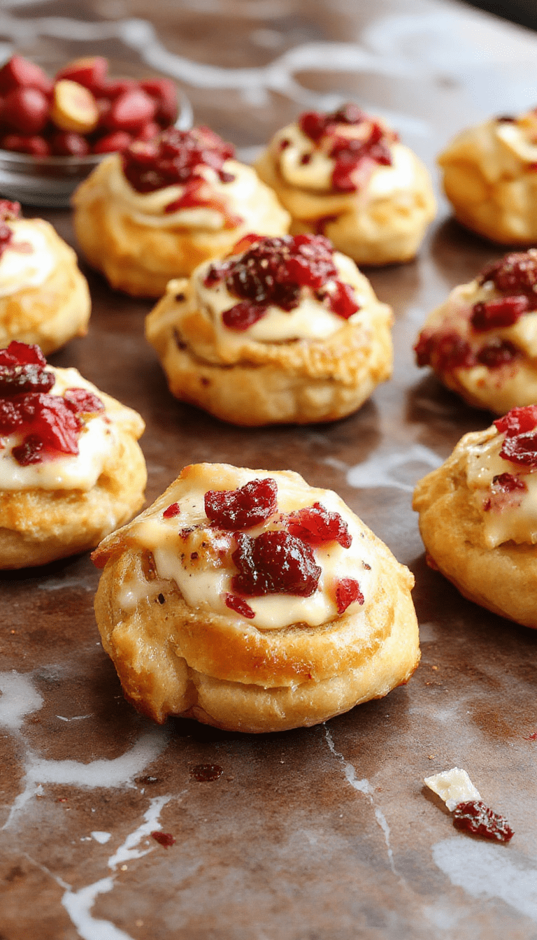 A close-up of golden-brown crescent-shaped bites filled with vibrant red cranberries and creamy cheese, arranged on a rustic white plate with sprigs of fresh herbs, set against a autumn-themed table with warm lighting and fall leaves in the background.
