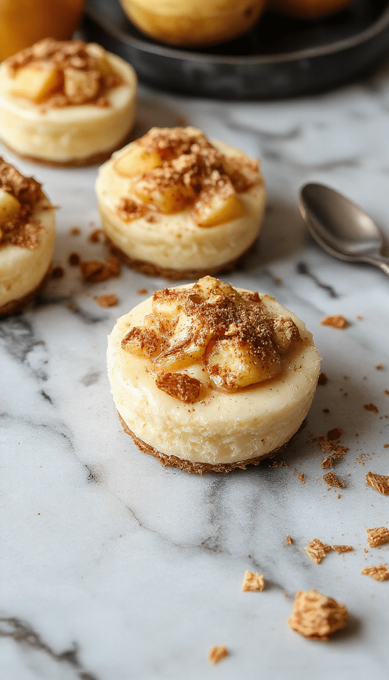 Close-up of a mini apple cheesecake with a golden crust, topped with caramelized apple slices and a sprinkle of cinnamon, plated beautifully with fall leaves in the background.