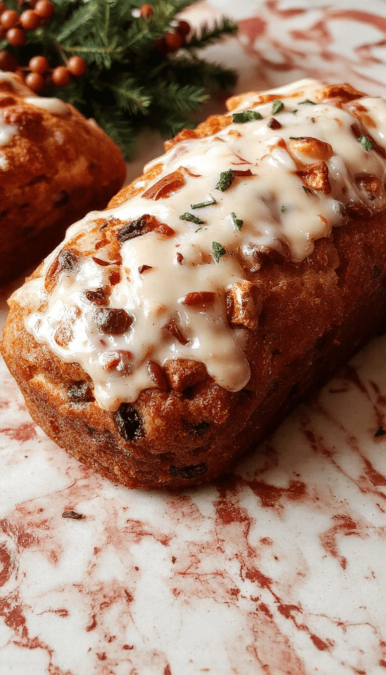 A beautifully plated loaf of festive Christmas bread topped with powdered sugar and colorful sprinkles, surrounded by holiday decorations and greenery, showcasing its soft, golden crust and rich, fruity interior with visible dried fruits and nuts.