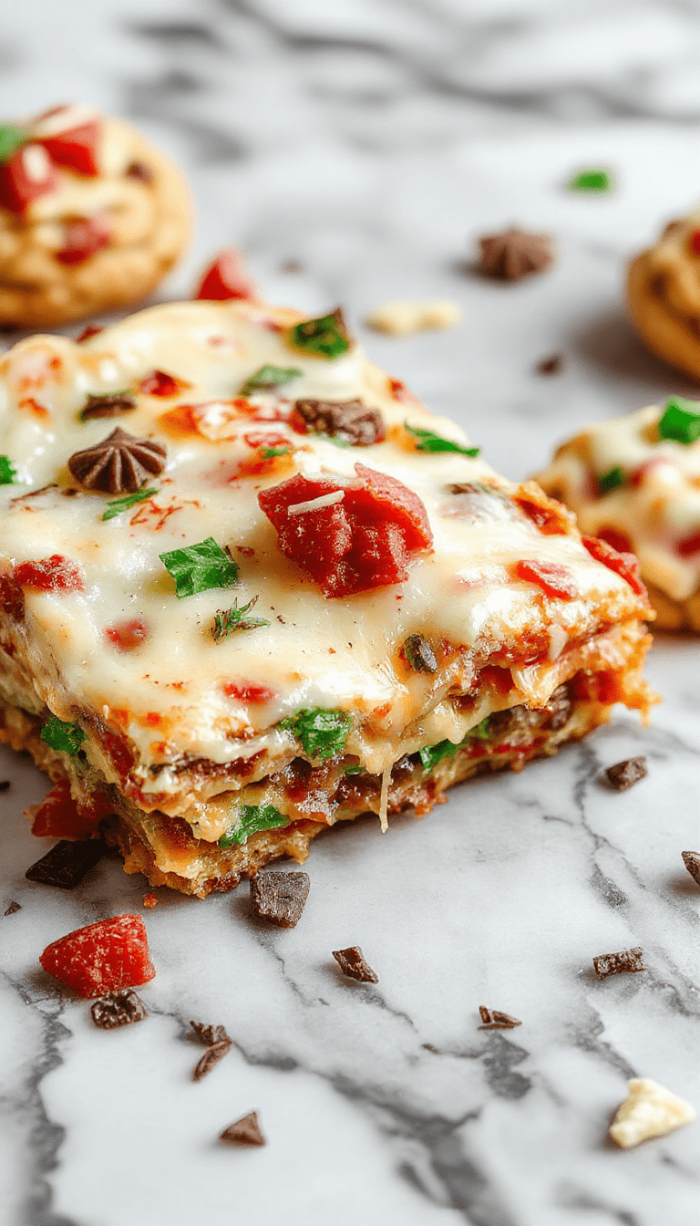 Colorful layered Christmas cookie lasagna on a festive holiday plate, topped with shiny red and green sprinkles, with creamy layers and crunchy cookie crumbles visible, styled with holiday-themed decorations and soft warm lighting