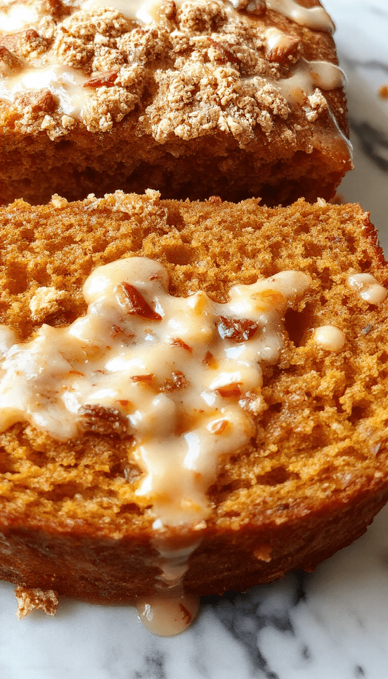 A sliced pumpkin bread with a golden-brown streusel topping and a glossy orange glaze drizzled on top, presented on a rustic wooden board with fresh orange slices and autumn leaves as background, capturing the moist texture and vibrant orange hues.