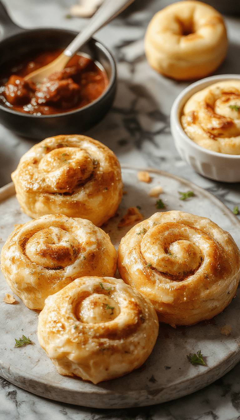 A close-up of a plate of golden-brown breakfast rolls with a soft, fluffy texture. The rolls are arranged on a rustic wooden surface, with a few topped with a dollop of butter and fresh herbs. The background features a cozy breakfast setting with a mug of coffee and linen napkins, highlighting their warm and inviting appeal.