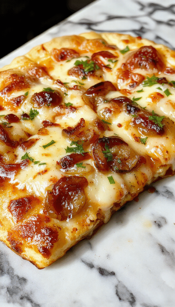 A close-up of a savory French Onion Soup Pizza topped with golden caramelized onions, bubbling melted cheese, and a crispy crust on a rustic wooden board