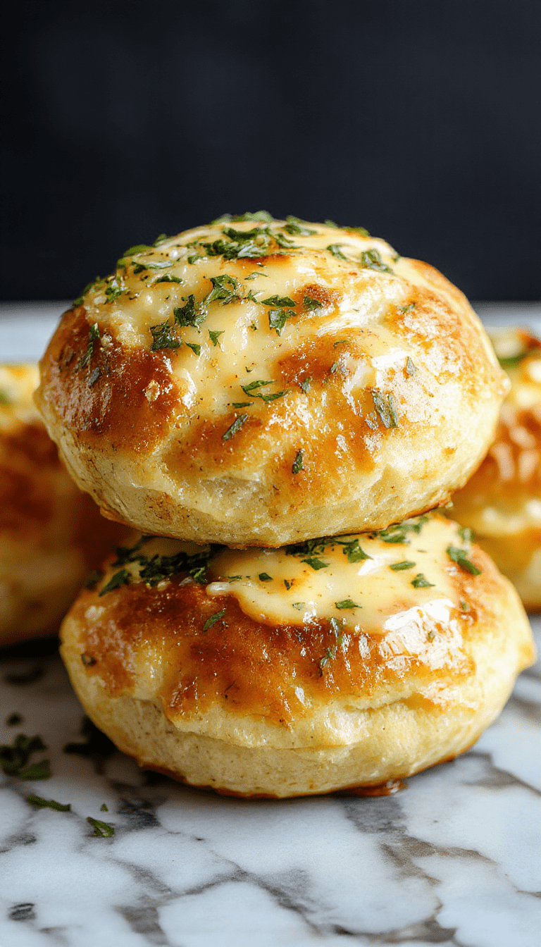 A close-up of golden-brown garlic butter bread rolls garnished with fresh parsley on a rustic wooden table, showcasing their soft, airy texture and buttery glaze with melted garlic butter on top.