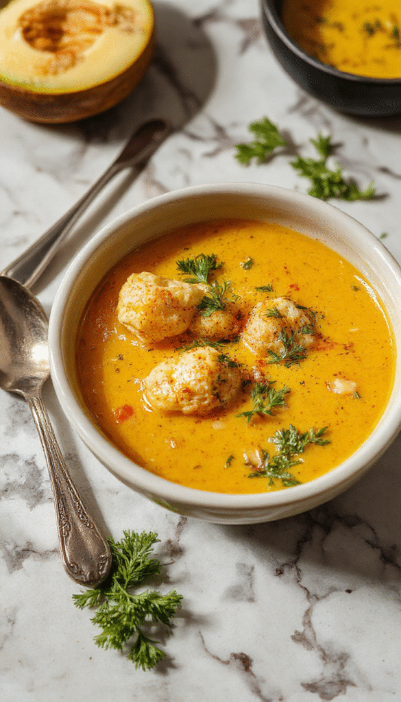 A vibrant bowl of golden turmeric chicken soup garnished with fresh herbs, chunks of tender chicken, and colorful vegetables on a rustic wooden table with steam rising, styled simply with a spoon beside and natural lighting highlighting textures.