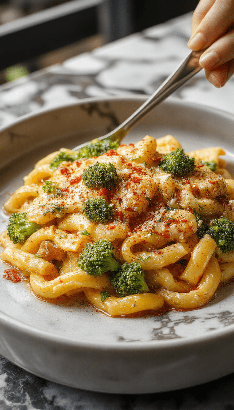 A vibrant plate of broccoli pasta featuring bright green broccoli florets and al dente penne pasta coated in a light, creamy sauce, garnished with grated cheese and fresh herbs, styled on a rustic wooden surface with a sprinkle of red pepper flakes for color.
