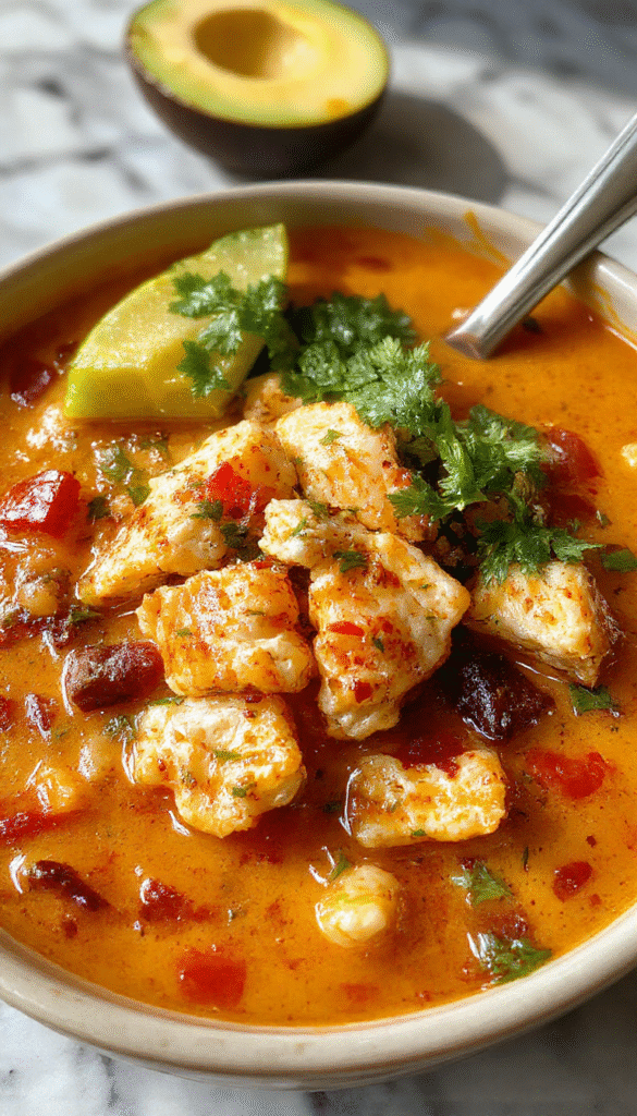 A vibrant bowl of low carb chicken tortilla soup topped with fresh cilantro, sliced avocado, shredded cheese, and lime wedges. The soup appears hearty with chunks of chicken, diced tomatoes, and a rich broth, served on a rustic wooden table with colorful garnishes enhancing its inviting look.