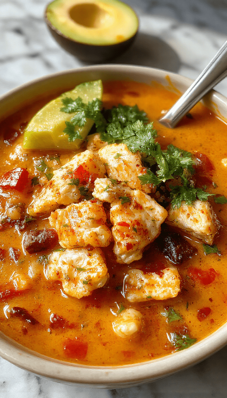 A vibrant bowl of low carb chicken tortilla soup topped with fresh cilantro, sliced avocado, shredded cheese, and lime wedges. The soup appears hearty with chunks of chicken, diced tomatoes, and a rich broth, served on a rustic wooden table with colorful garnishes enhancing its inviting look.