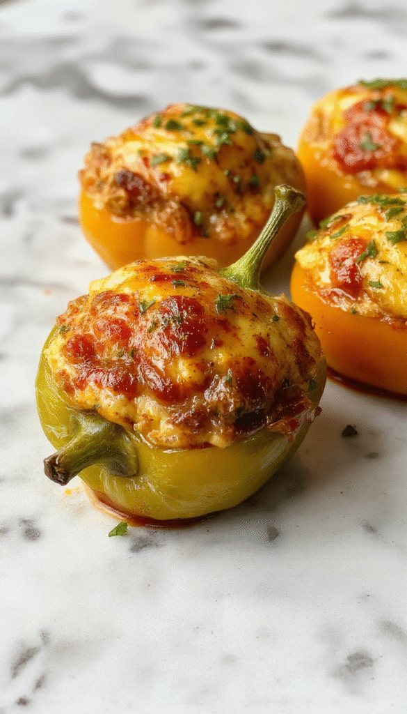 A vibrant plate featuring colorful stuffed bell peppers filled with a savory mixture of vegetables and lean protein, topped with melted cheese, arranged on a rustic wooden table with fresh herbs and a side salad