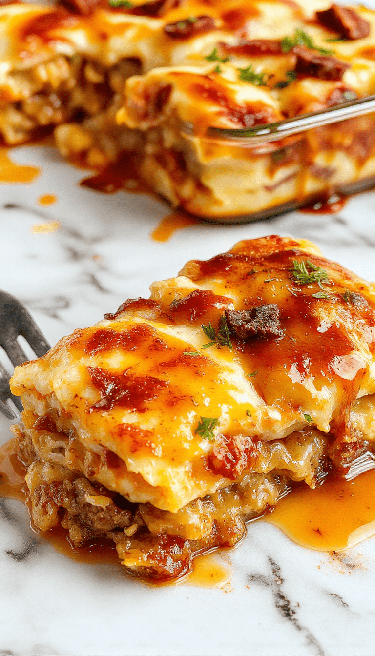 Colorful pancake sausage casserole plated on a rustic white dish featuring golden-brown pancake layers interwoven with savory sausage pieces, topped with melted cheese and garnished with chopped green onions. The dish showcases a crispy crust with fluffy interiors, styled with fresh herbs on a wooden table setting.