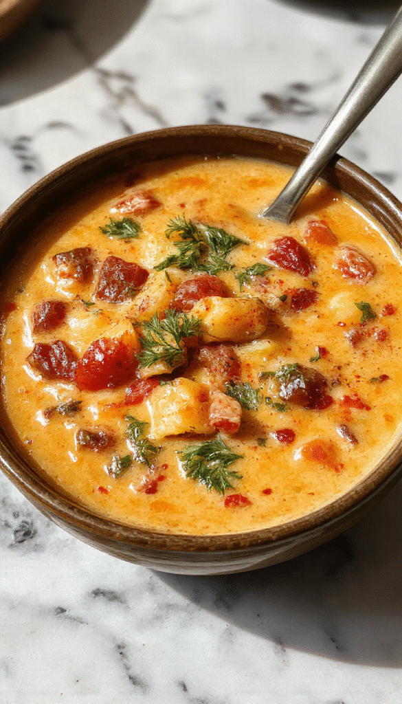 A vibrant bowl of creamy vegetable soup featuring colorful carrots, green peas, corn, and leafy greens, garnished with fresh herbs, served in a rustic white bowl on a wooden surface with a drizzle of cream on top.