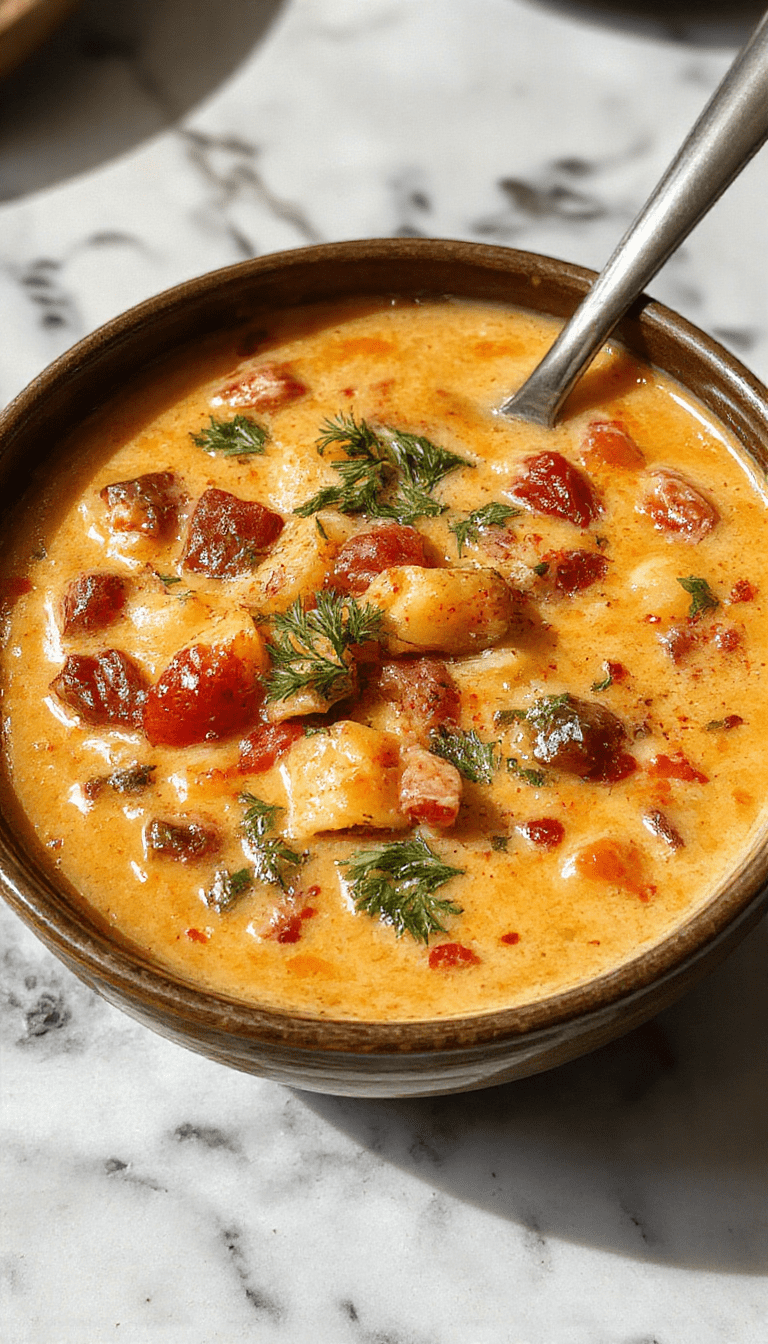 A vibrant bowl of creamy vegetable soup featuring colorful carrots, green peas, corn, and leafy greens, garnished with fresh herbs, served in a rustic white bowl on a wooden surface with a drizzle of cream on top.
