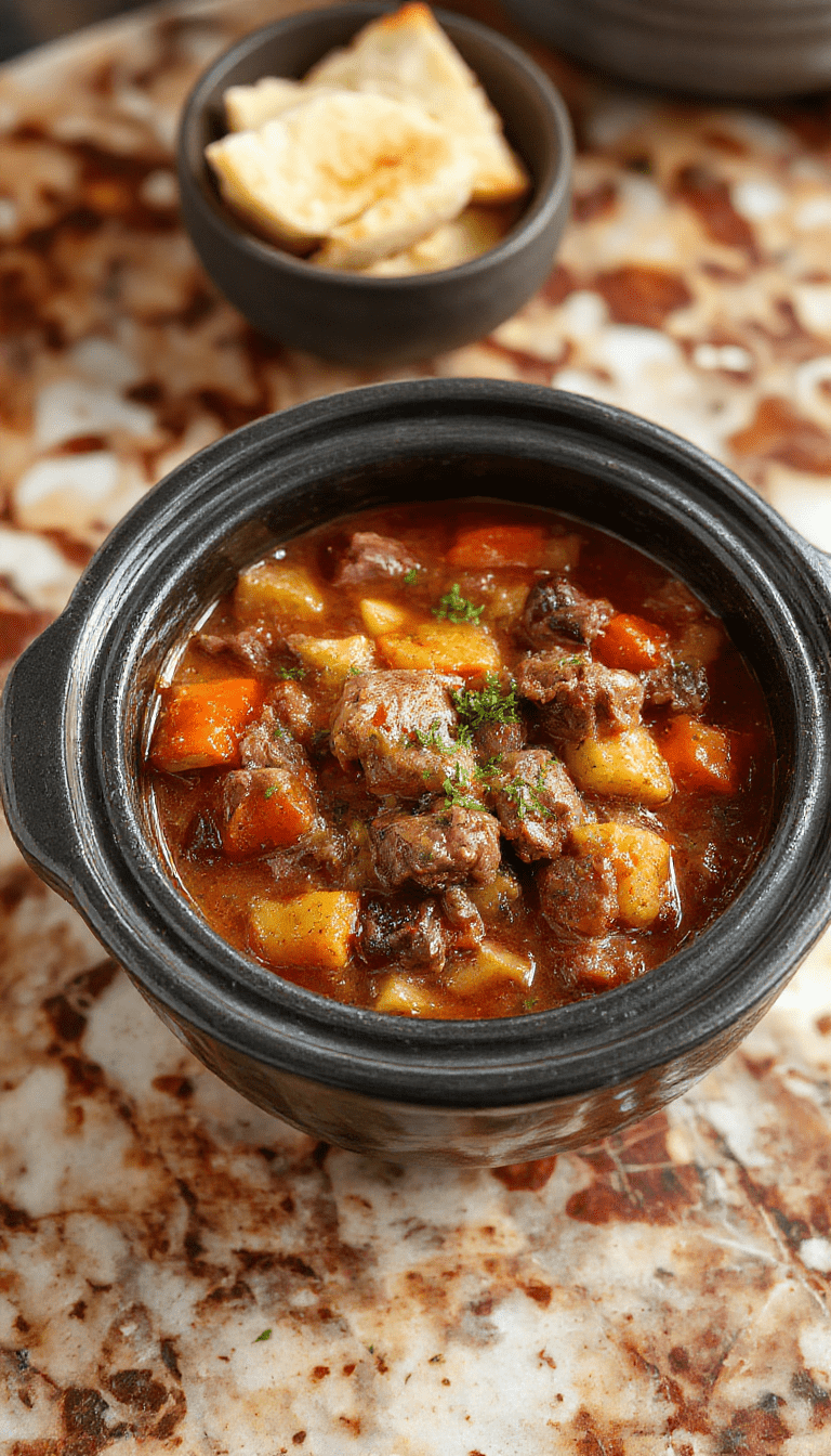 A rustic bowl of beef stew topped with fresh herbs, filled with tender beef chunks, carrots, potatoes, and celery, served in a cozy setting with a wooden spoon and warm lighting.