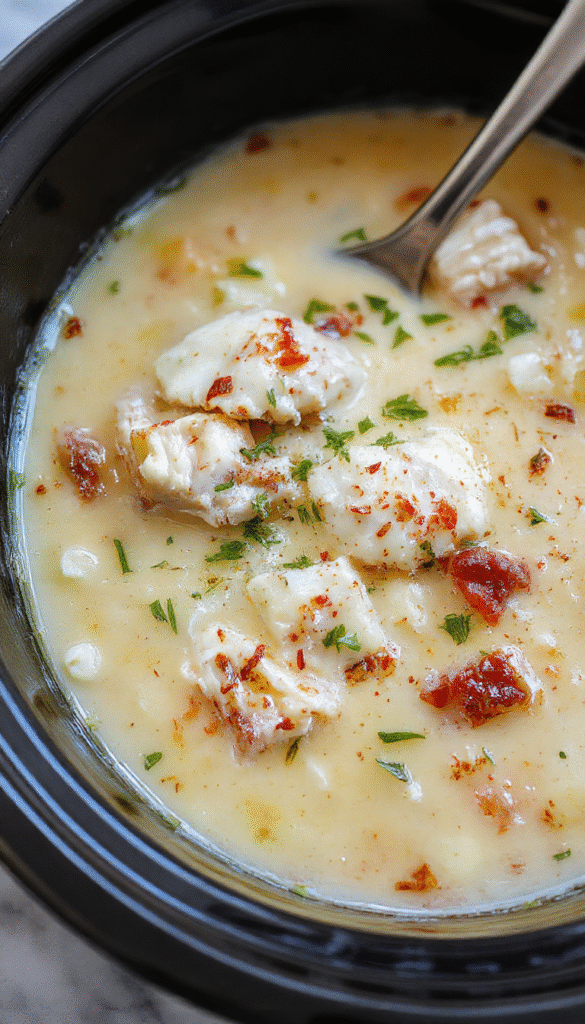 A warm bowl of chicken parmesan soup topped with melted cheese, fresh basil, and crispy bread crumbs, served with a side of bread on a rustic wooden table.
