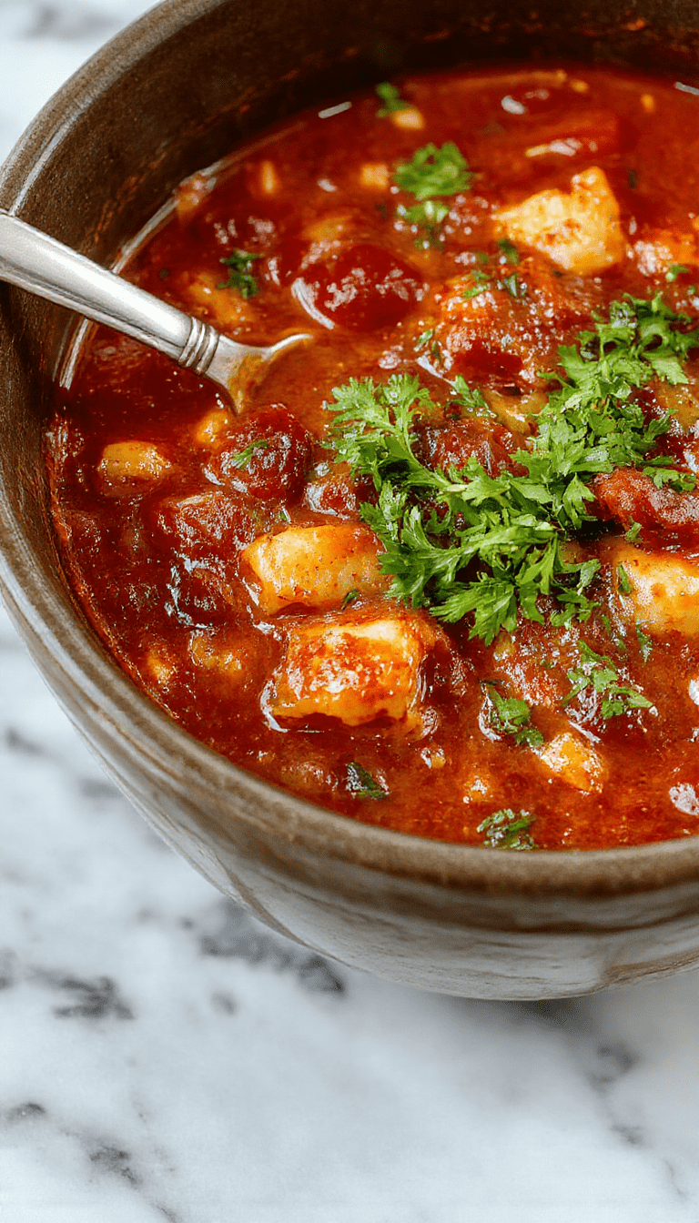 A bowl of steaming crockpot lasagna soup garnished with fresh basil and grated cheese, surrounded by bubbling tomato sauce, pasta layers, and colorful vegetables, all perched on a rustic wooden table with a cozy background.