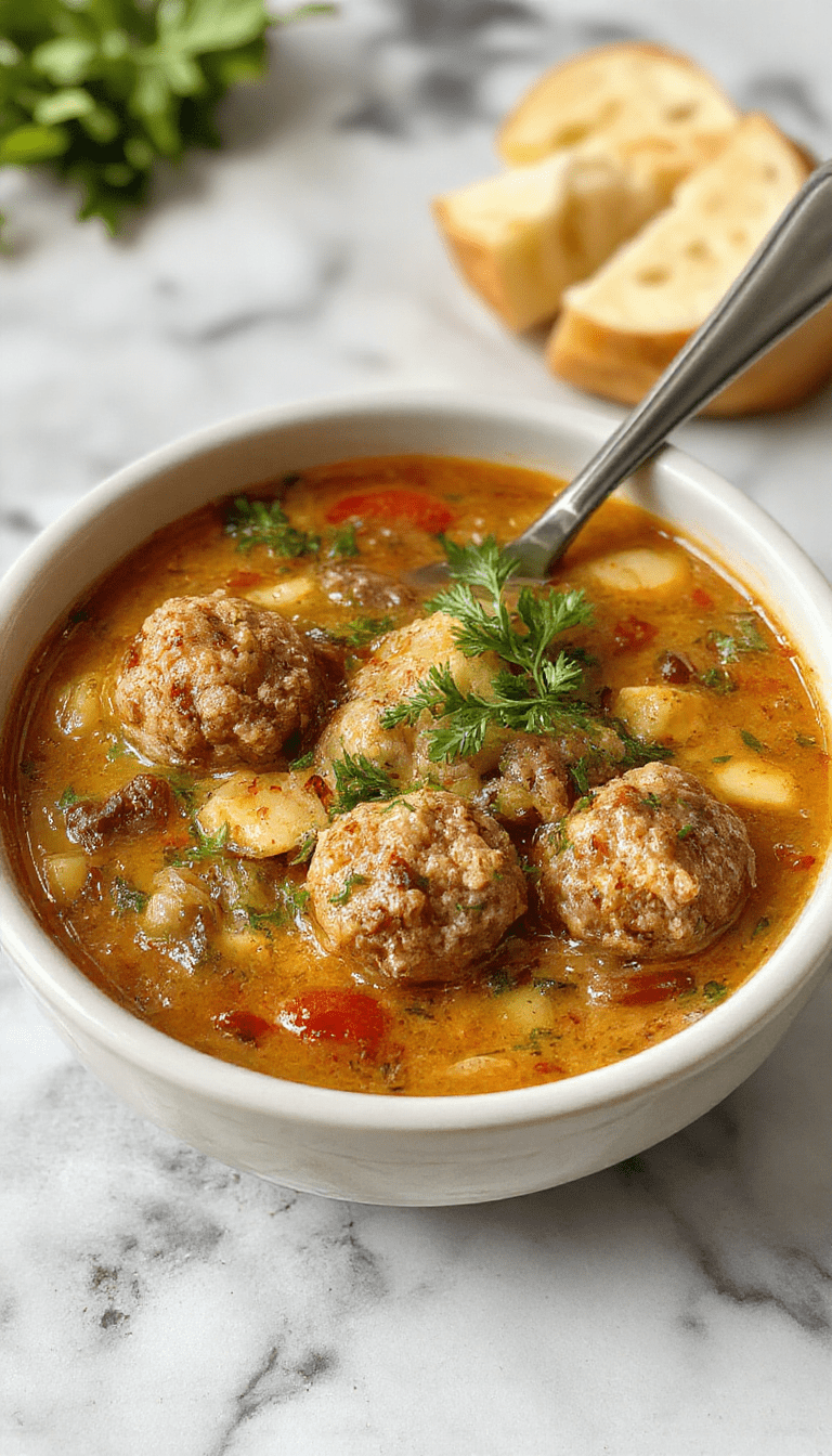 A warm bowl of Swedish meatball soup featuring tender meatballs with a golden-brown crust, nestled in a creamy broth with fresh herbs, served in a rustic white bowl against a wooden table centerpiece with sprigs of dill and a spoon.