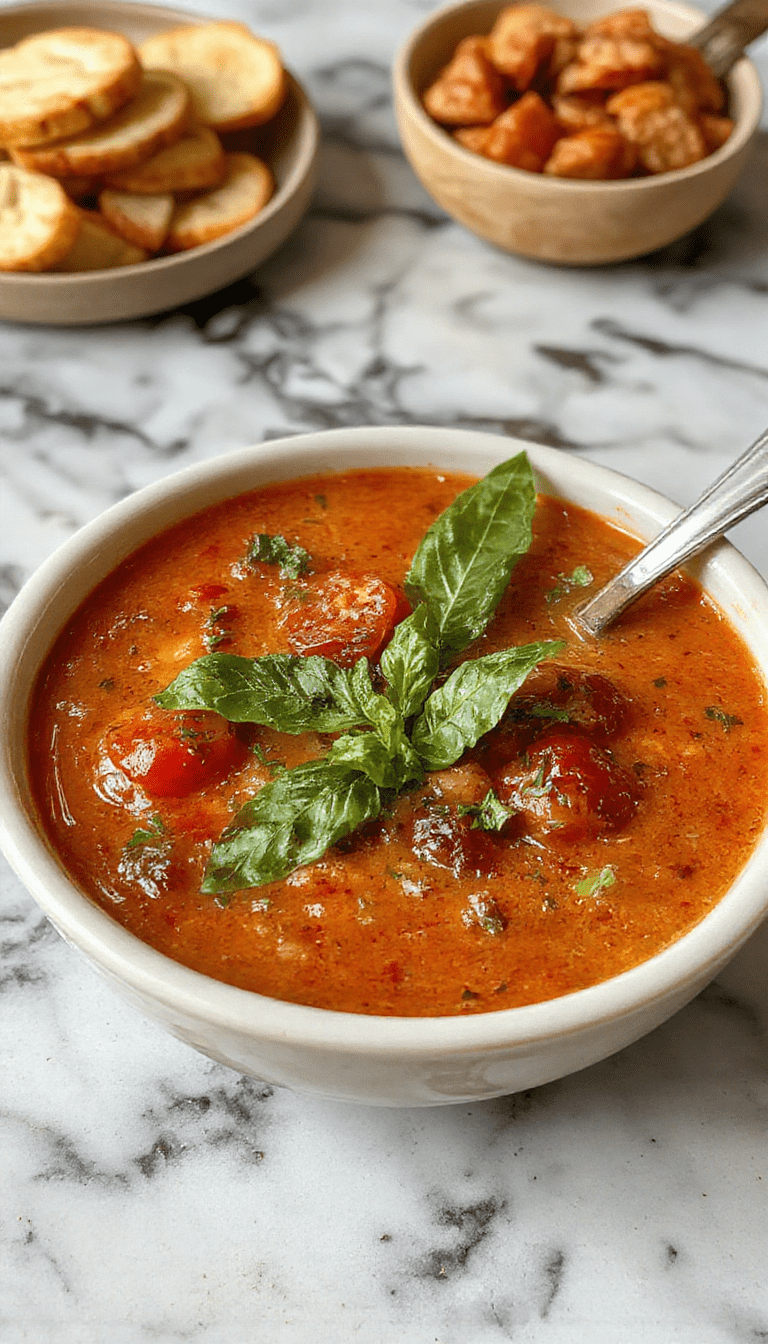 A vibrant bowl of roasted tomato basil soup garnished with fresh basil leaves, served in a rustic white bowl on a wooden table with a bread roll and a sprig of basil, showcasing rich red and green colors, creamy texture, and inviting presentation.