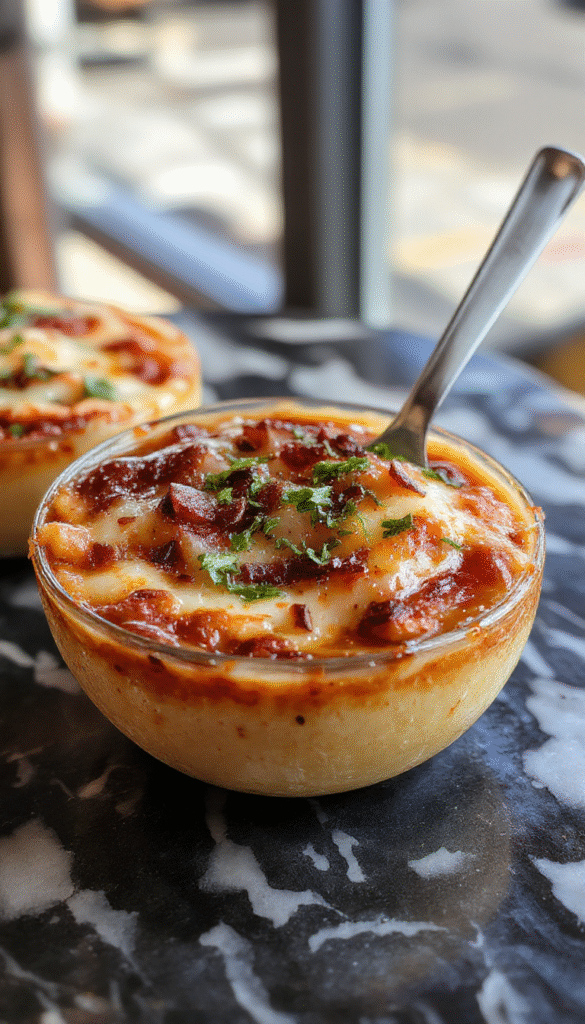 A close-up of a savory French Onion Soup Pizza topped with melted cheese, caramelized onions, fresh herbs, and a crispy golden crust, arranged on a rustic wooden board with a drizzle of balsamic glaze and garnished with thyme.