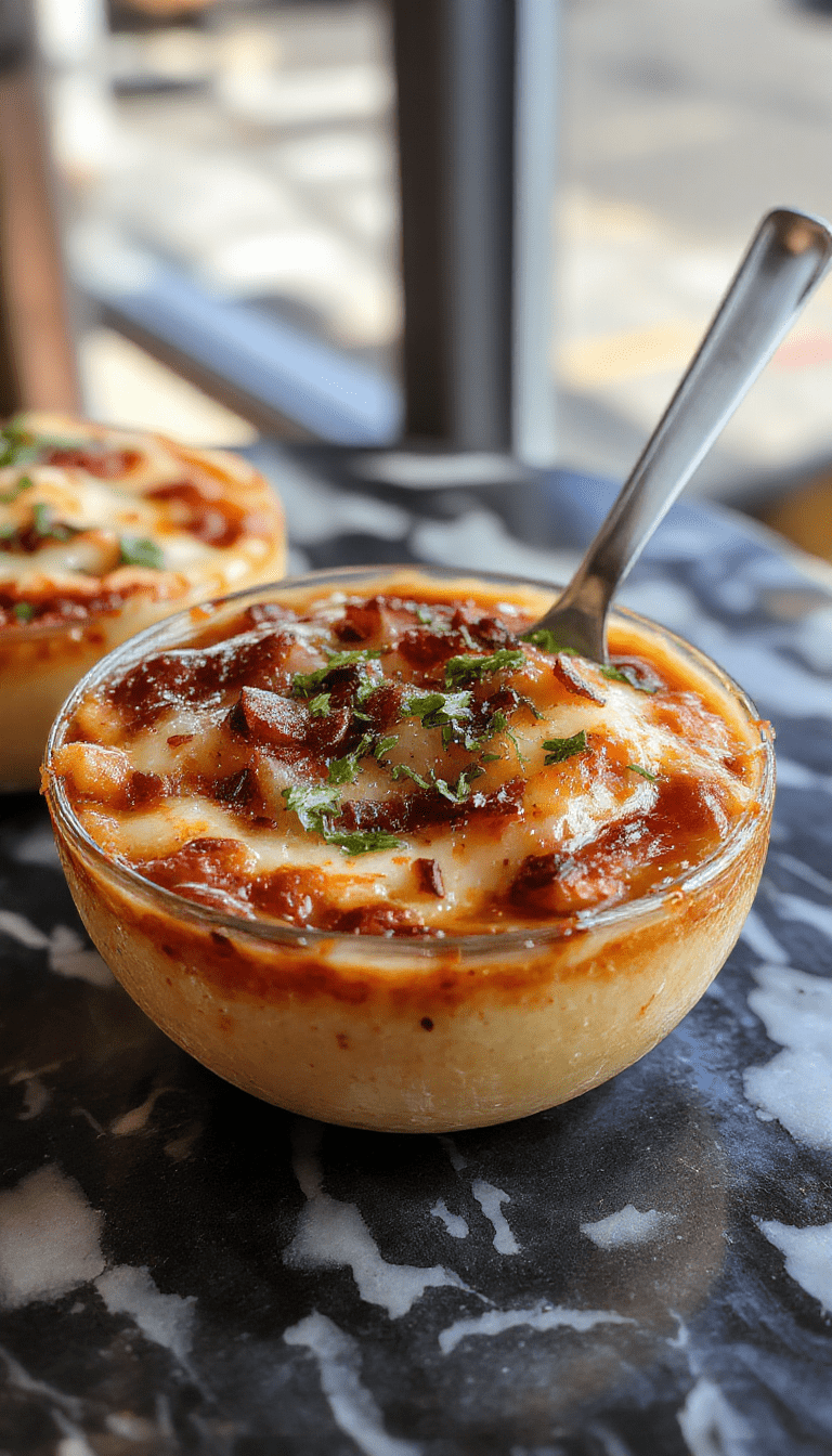 A close-up of a savory French Onion Soup Pizza topped with melted cheese, caramelized onions, fresh herbs, and a crispy golden crust, arranged on a rustic wooden board with a drizzle of balsamic glaze and garnished with thyme.